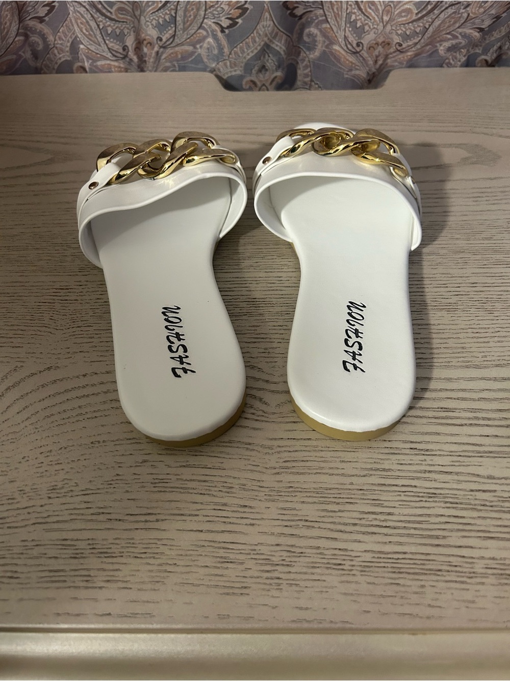 White Slide Sandals with Gold Chain Detail